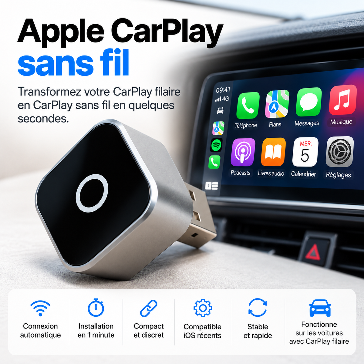 Dongle Apple Carplay sans fil pour Carplay d'origine